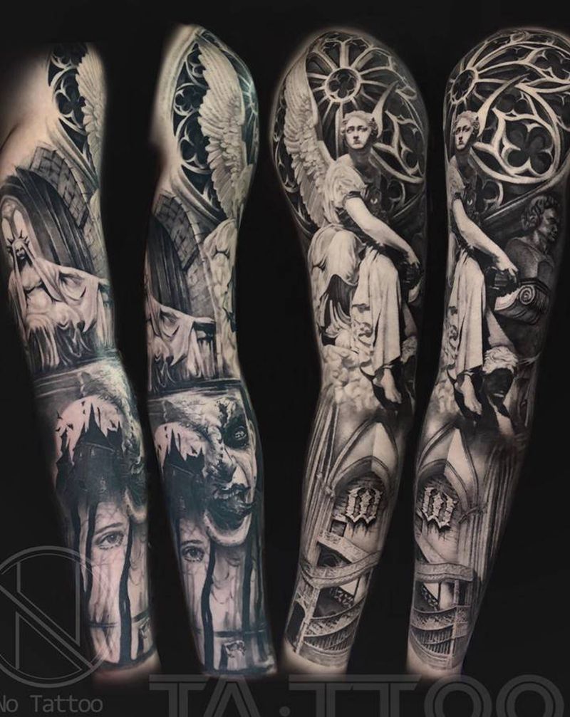 写实花臂纹身图片_手臂欧美写实雕塑 小丑建筑纹身图案
