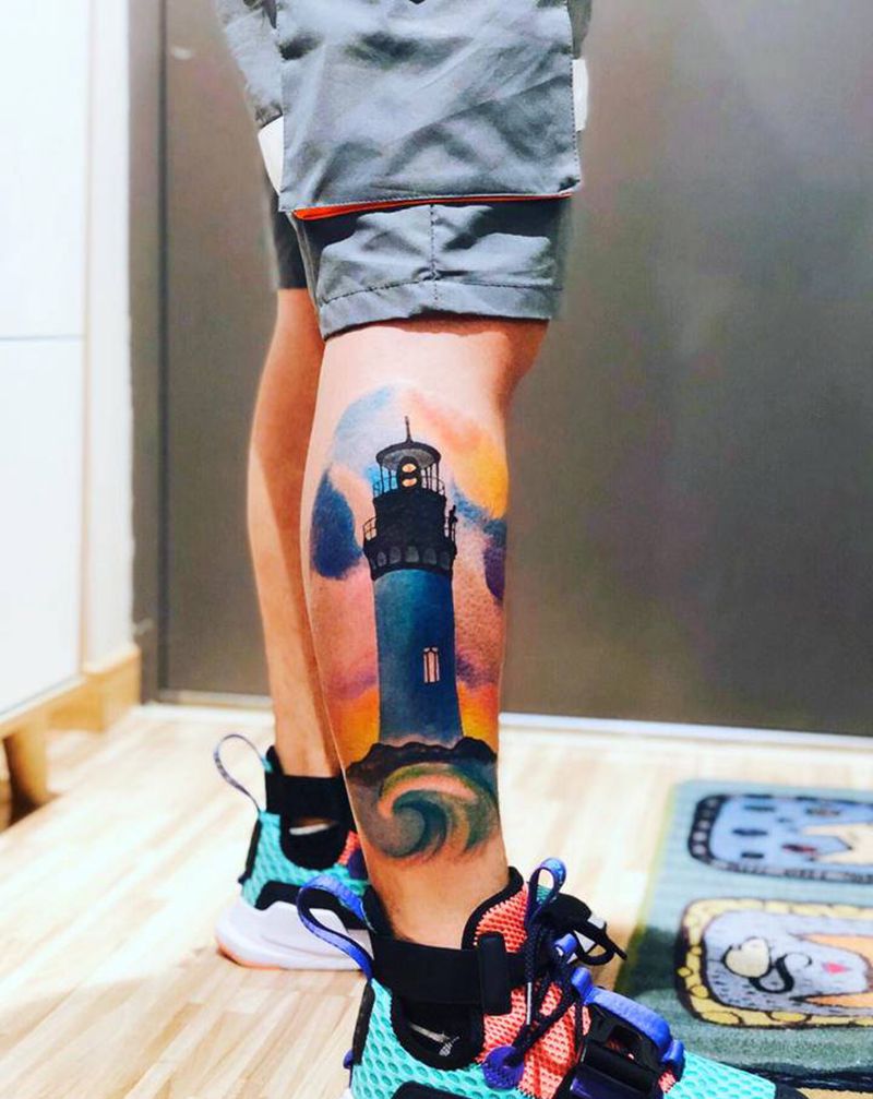 灯塔纹身图片_腿部水彩灯塔纹身图案
