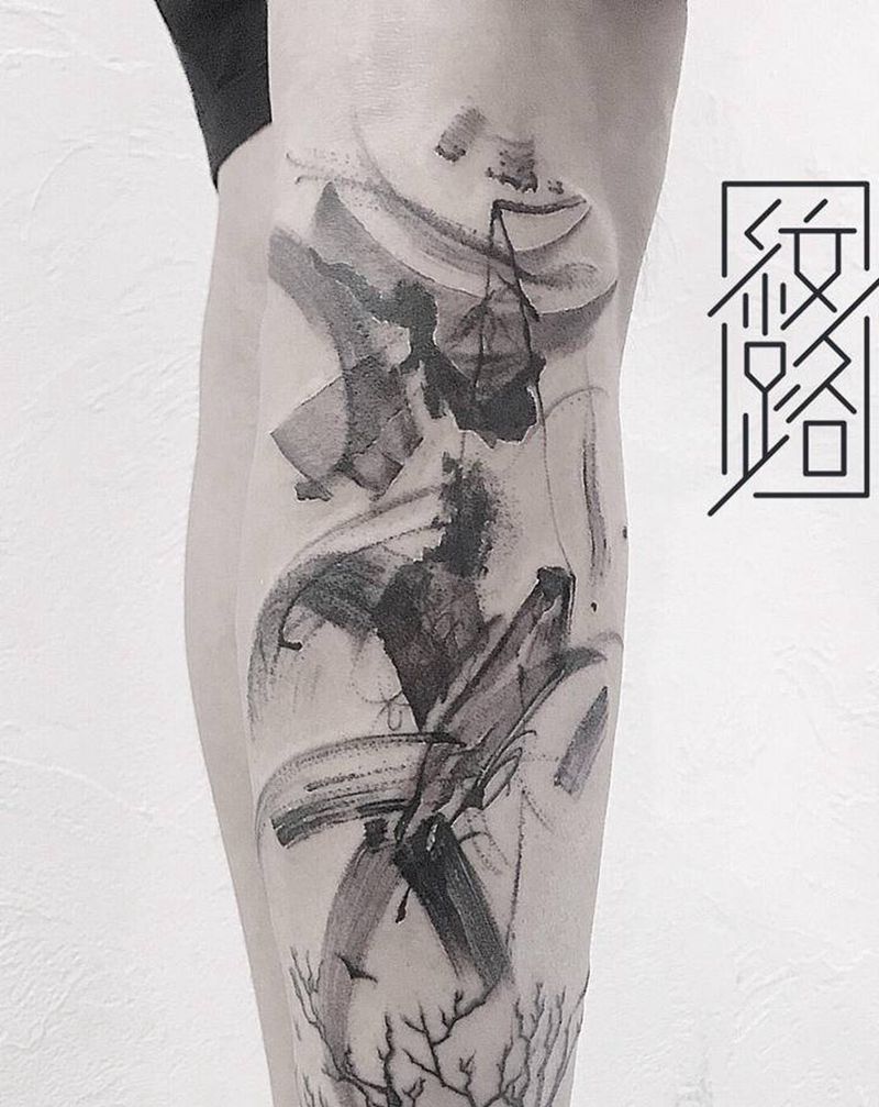 写意水墨纹身图片_腿部水墨中国风写意抽象纹身图案