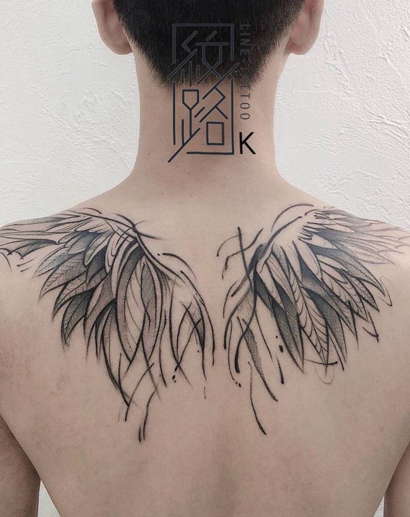 翅膀纹身图片_背部草图风原创手绘纹身图案