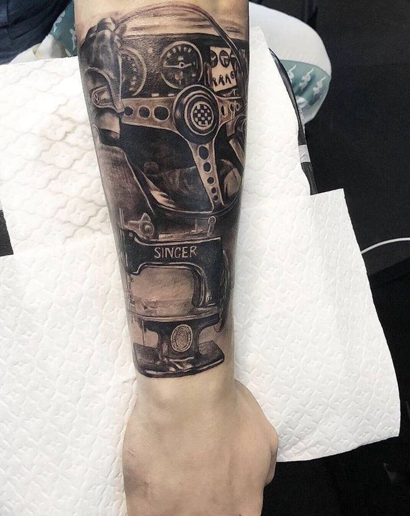 方向盘纹身图片_手臂欧美写实纹身图案