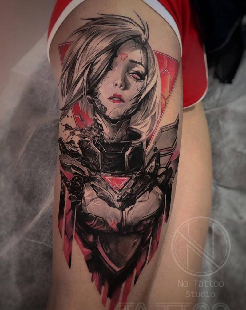 剑姬纹身图片_腿部欧美写实纹身图案