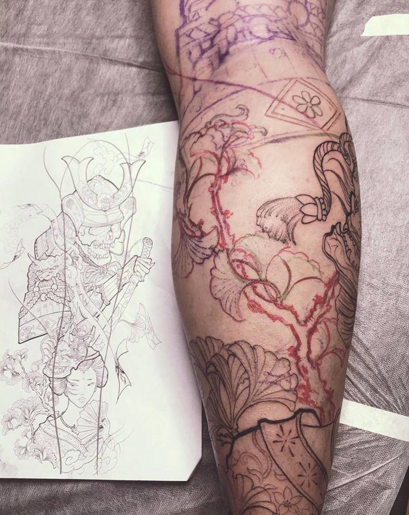 花腿线条纹身图片_新传统纹身图案