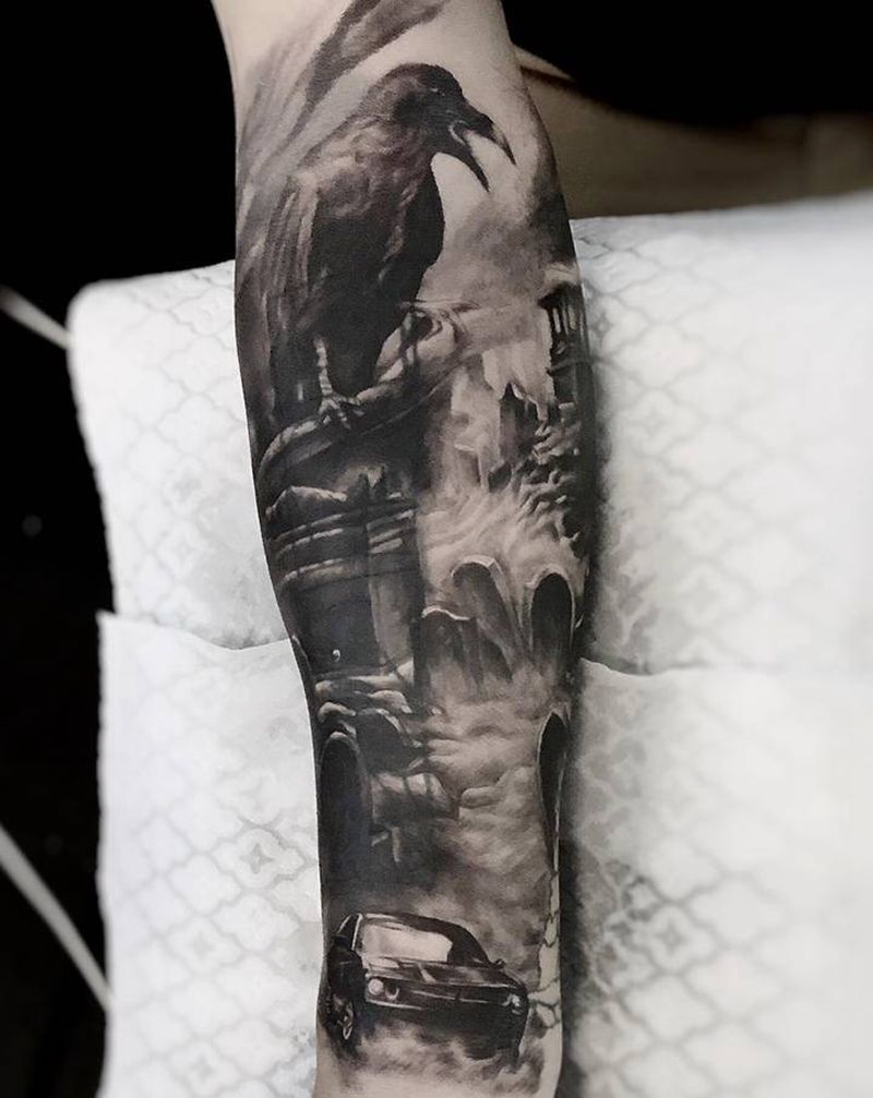 暴力遮盖纹身图片_手臂欧美写实纹身图案