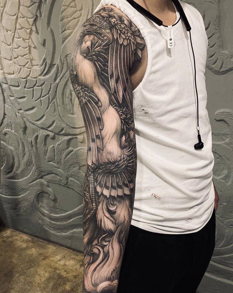 凤凰花臂纹身图片_手部手臂新传统凤凰花臂纹身图案