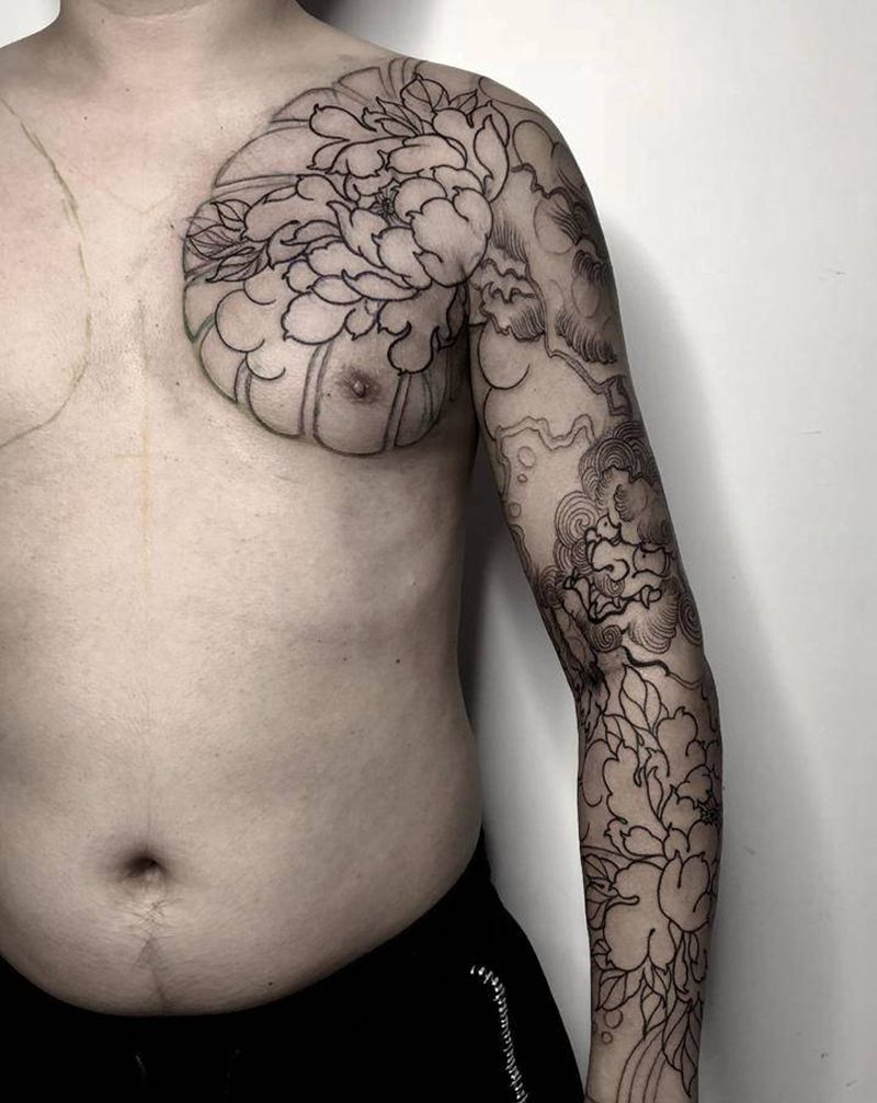 半甲未完成纹身图片_胸部手臂新传统老传统纹身图案