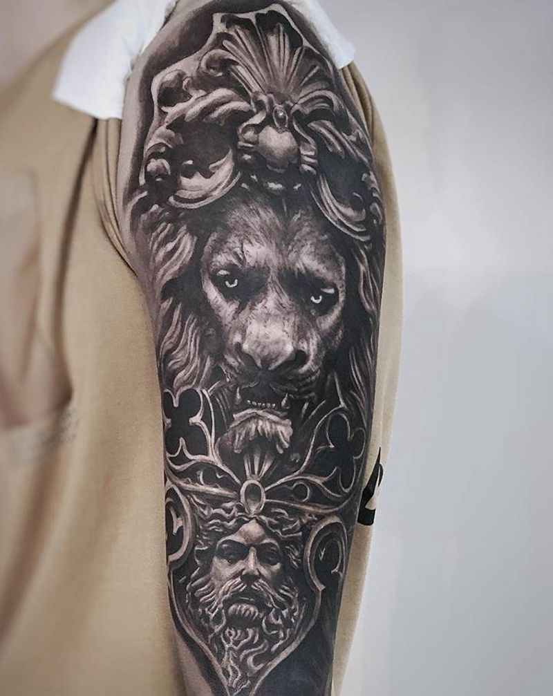 雕塑狮子纹身图片_手臂欧美写实纹身图案