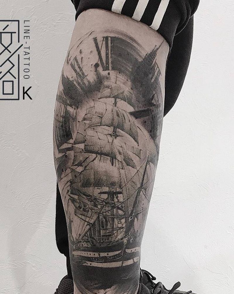 帆船纹身图片_腿部欧美写实帆船欧美暗黑纹身图案