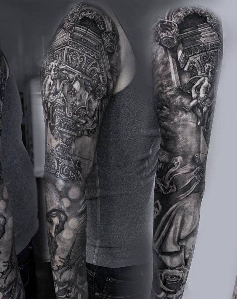 雕塑花臂纹身图片_手臂欧美写实纹身图案