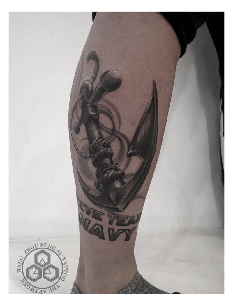 船锚纹身图片_腿部欧美写实纹身图案