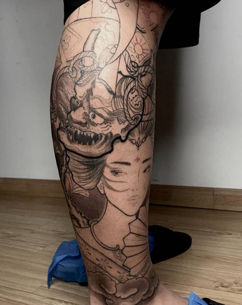 艺妓花腿纹身图片_腿部新传统纹身图案