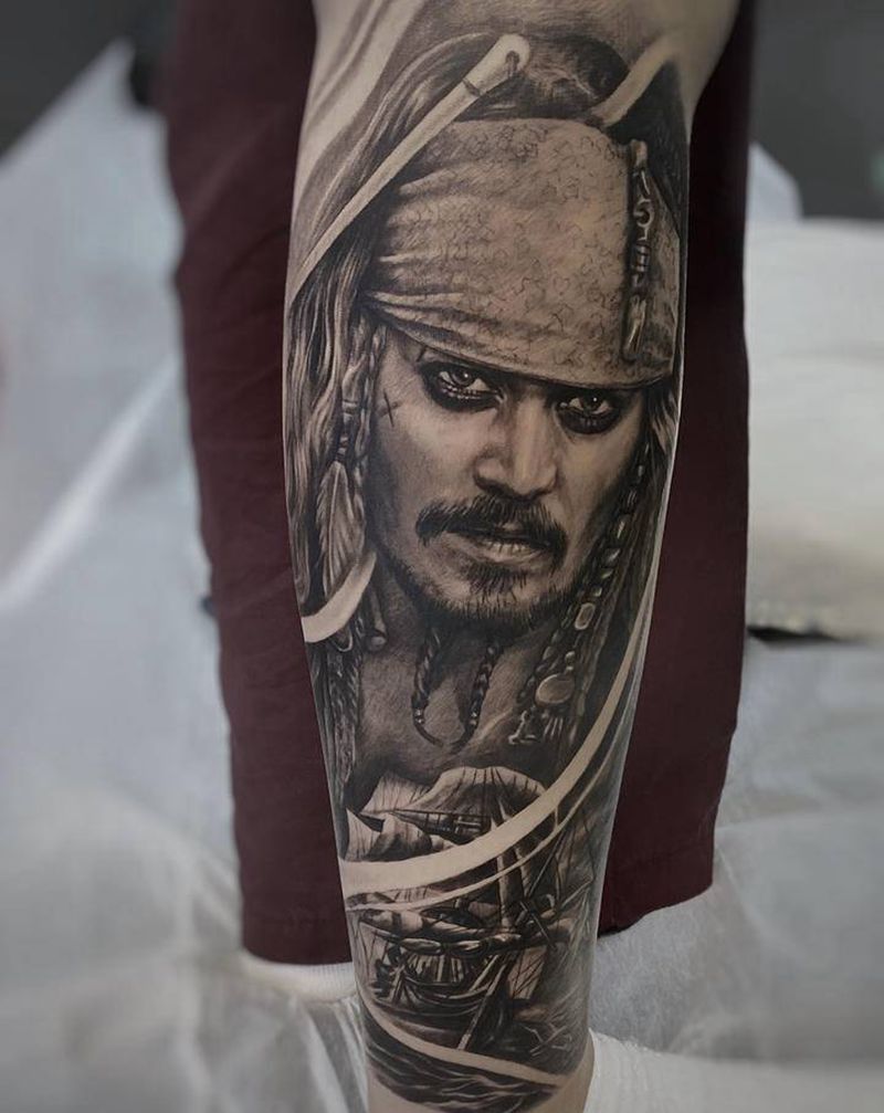 杰克船长纹身图片_腿部欧美写实纹身图案