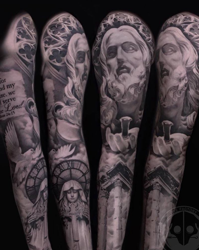 基督教 花臂纹身图片_手臂欧美写实雕塑纹身图案