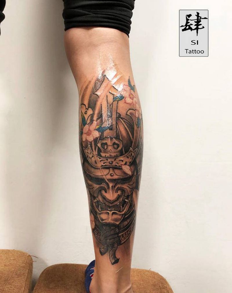 鬼武士纹身图片_腿部老传统新传统纹身图案