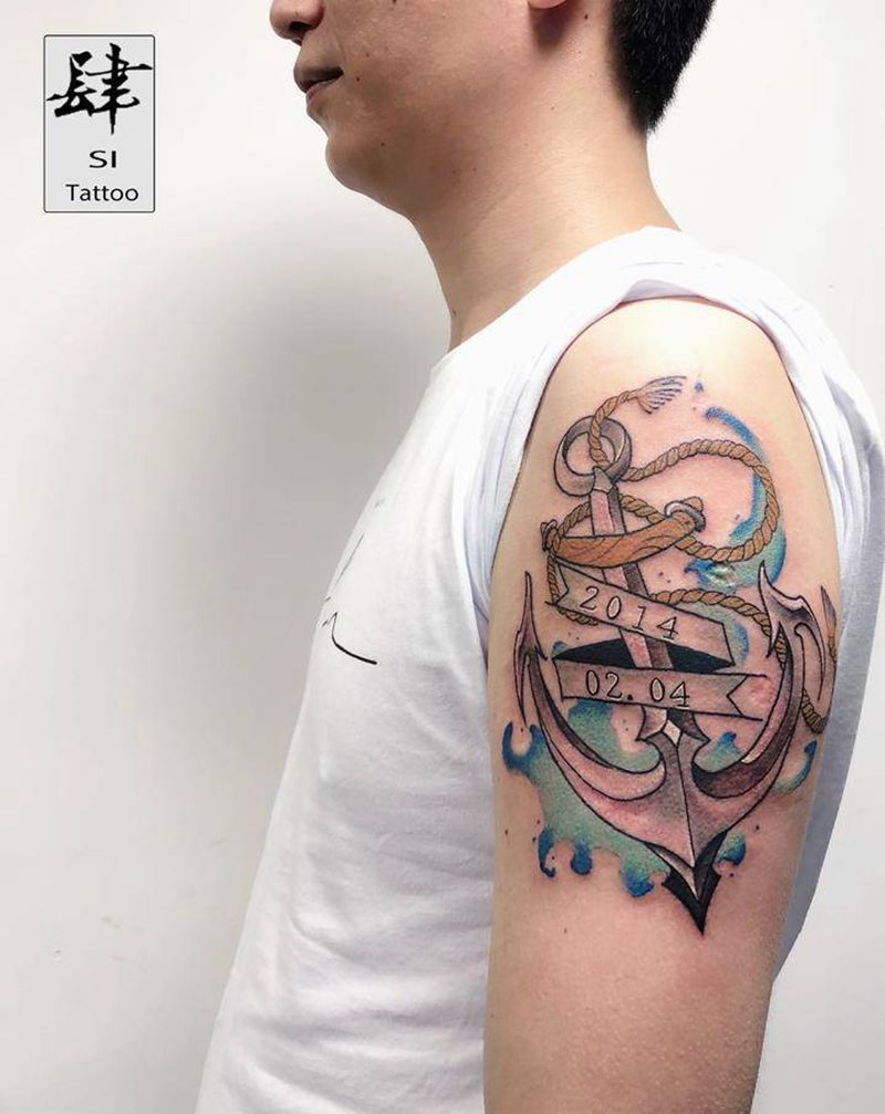水彩船锚纹身图片_手臂欧美写实水彩船锚纹身图案