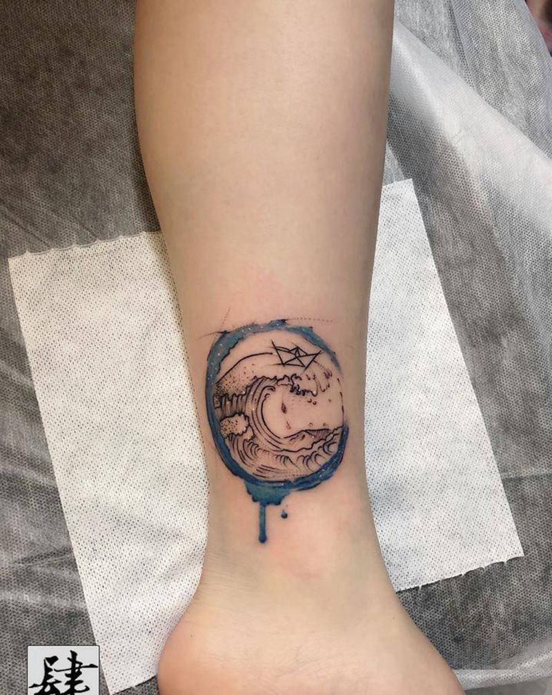 浪纹身图片_腿部水彩纹身图案