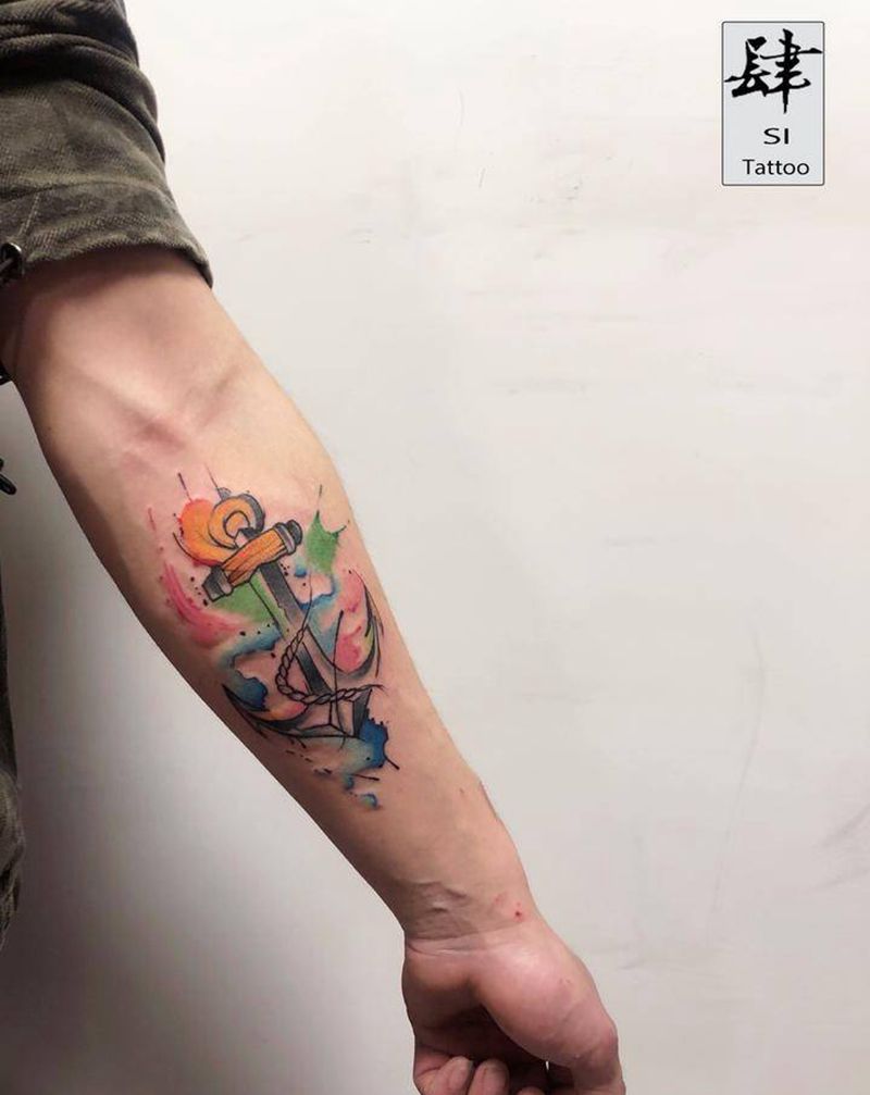 船锚纹身图片_手臂水彩船锚纹身图案
