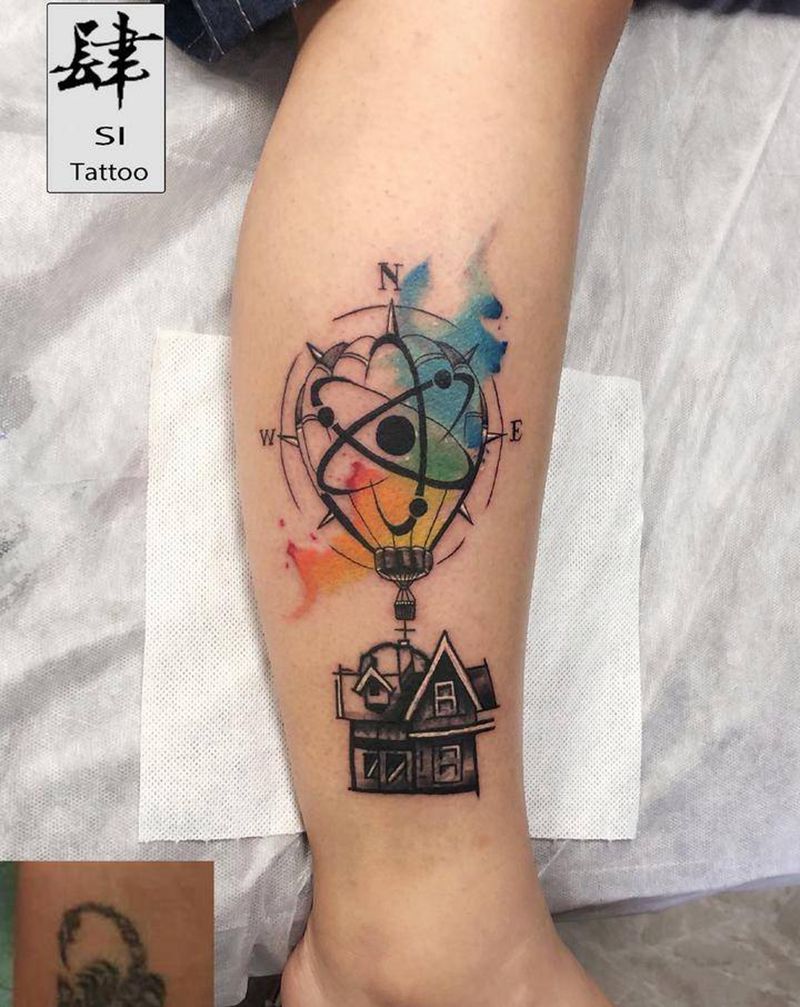 热气球纹身图片_腿部水彩热气球纹身图案