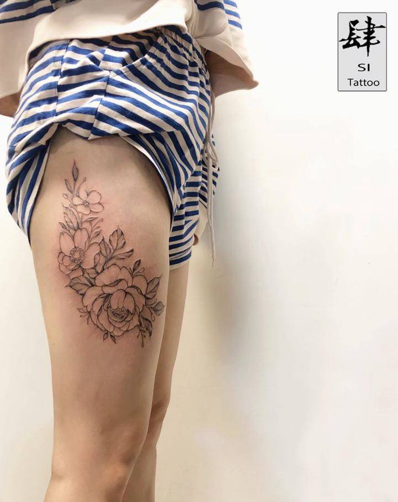 素花纹身图片_腿部素花纹身图案