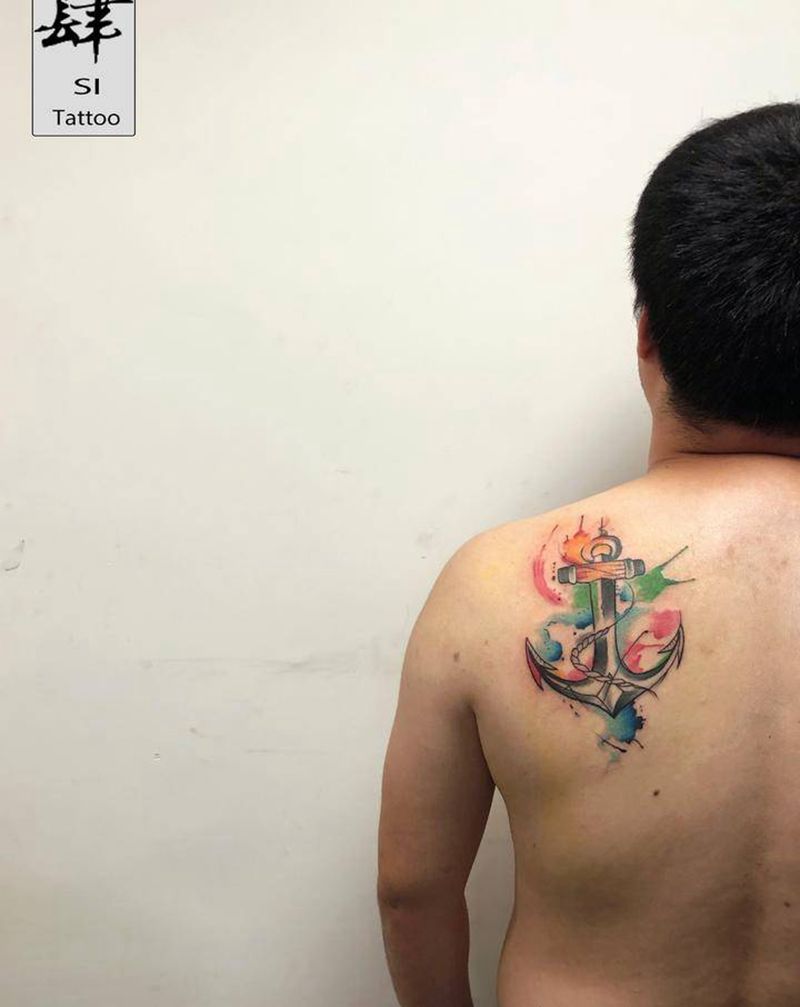 船锚纹身图片_背部水彩船锚纹身图案