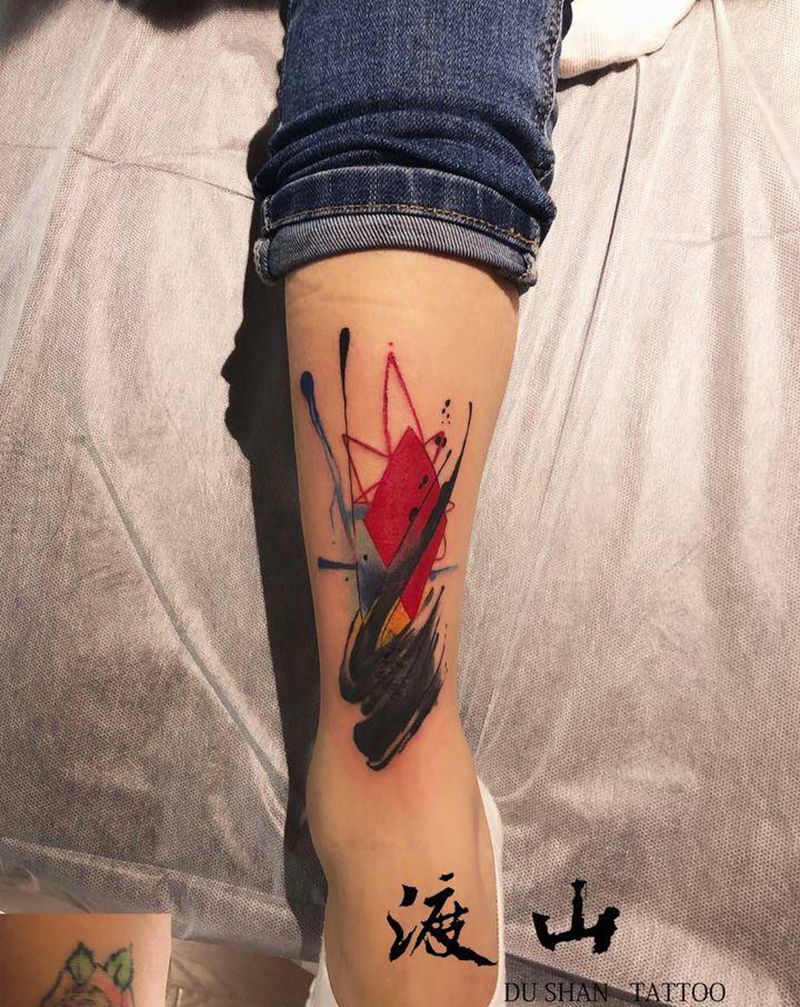 遮盖纹身图片_腿部水彩水墨遮盖纹身图案
