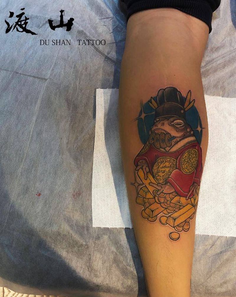 招财纹身图片_腿部新传统老传统纹身图案