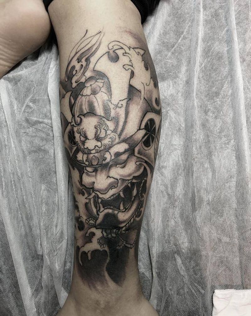 般若纹身图片_腿部新传统老传统般若鬼武士纹身图案