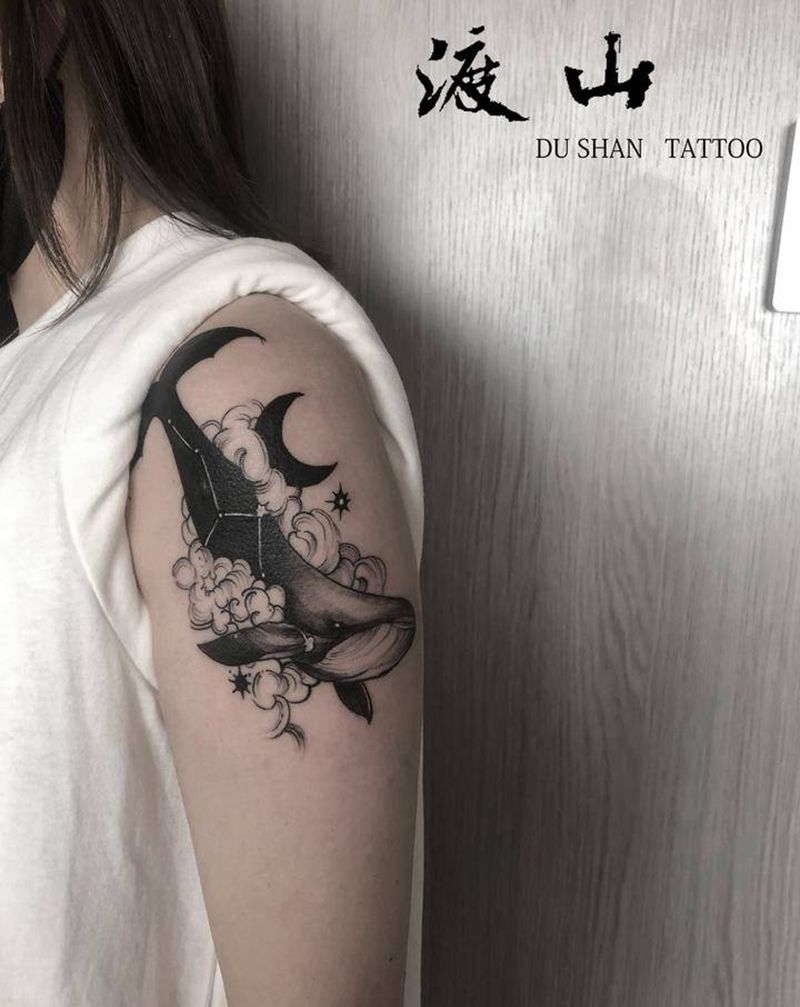 鲸鱼纹身图片_手臂几何点刺鲸鱼暗黑风遮盖纹身图案