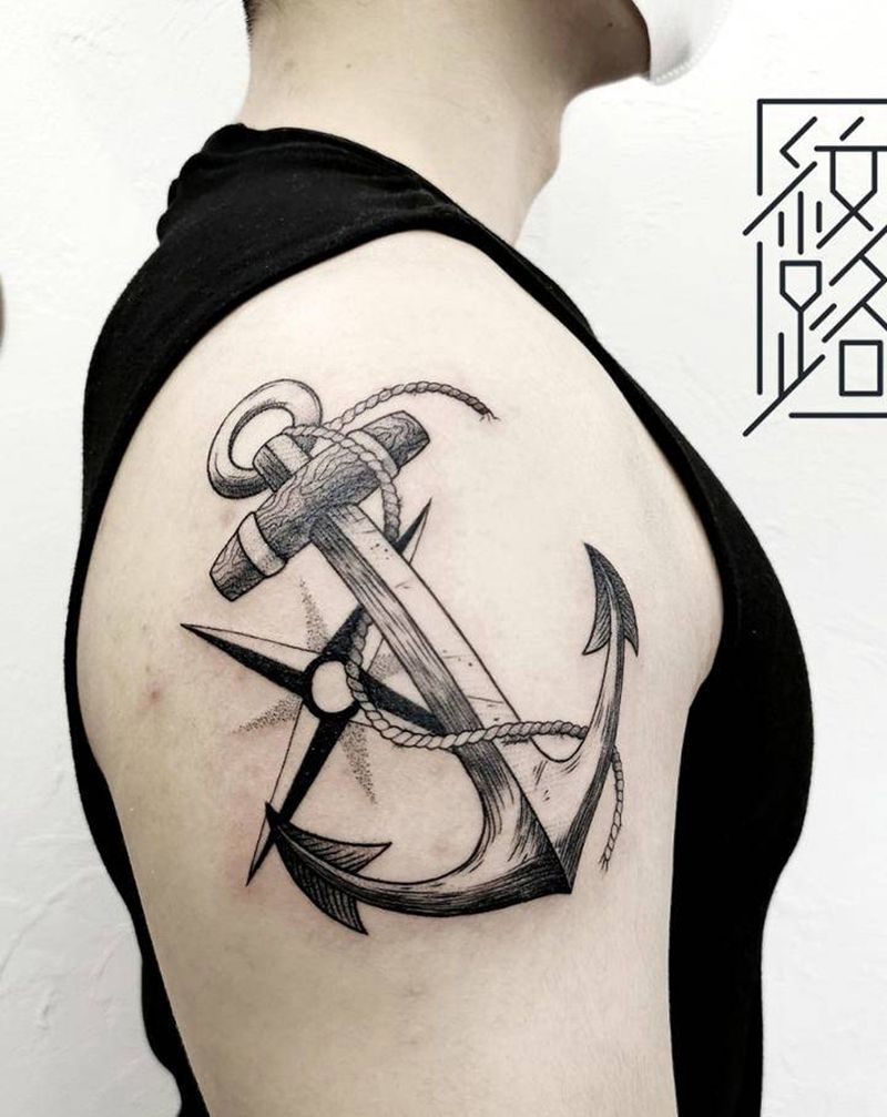 船锚纹身图片_手臂欧美写实船锚纹身图案