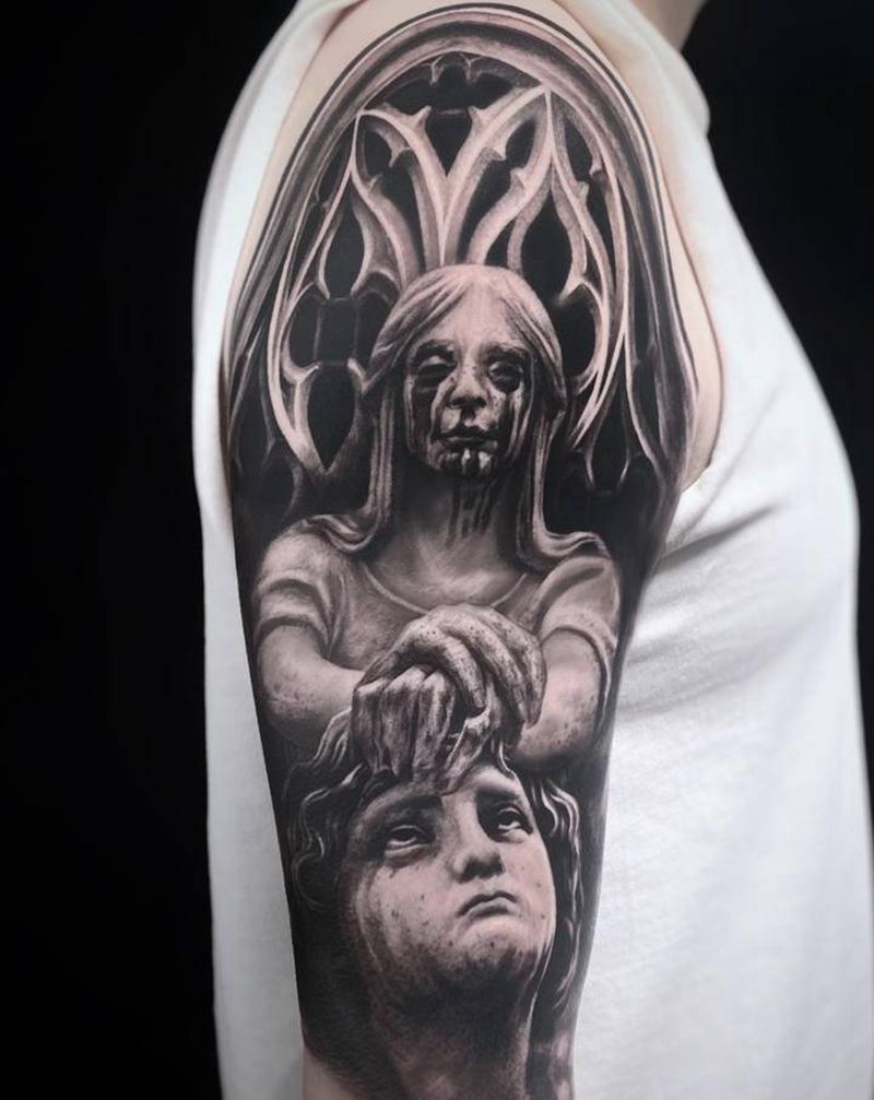 雕塑作品纹身图片_手臂欧美写实纹身图案