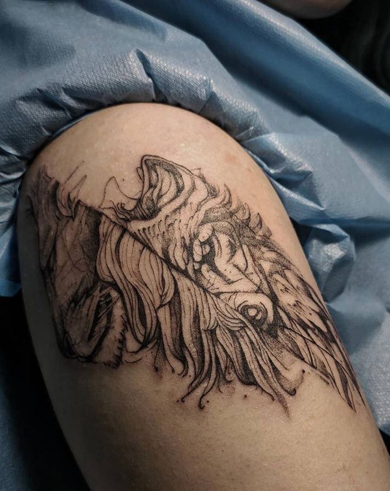 狮子与狼纹身图片_手臂几何纹身图案