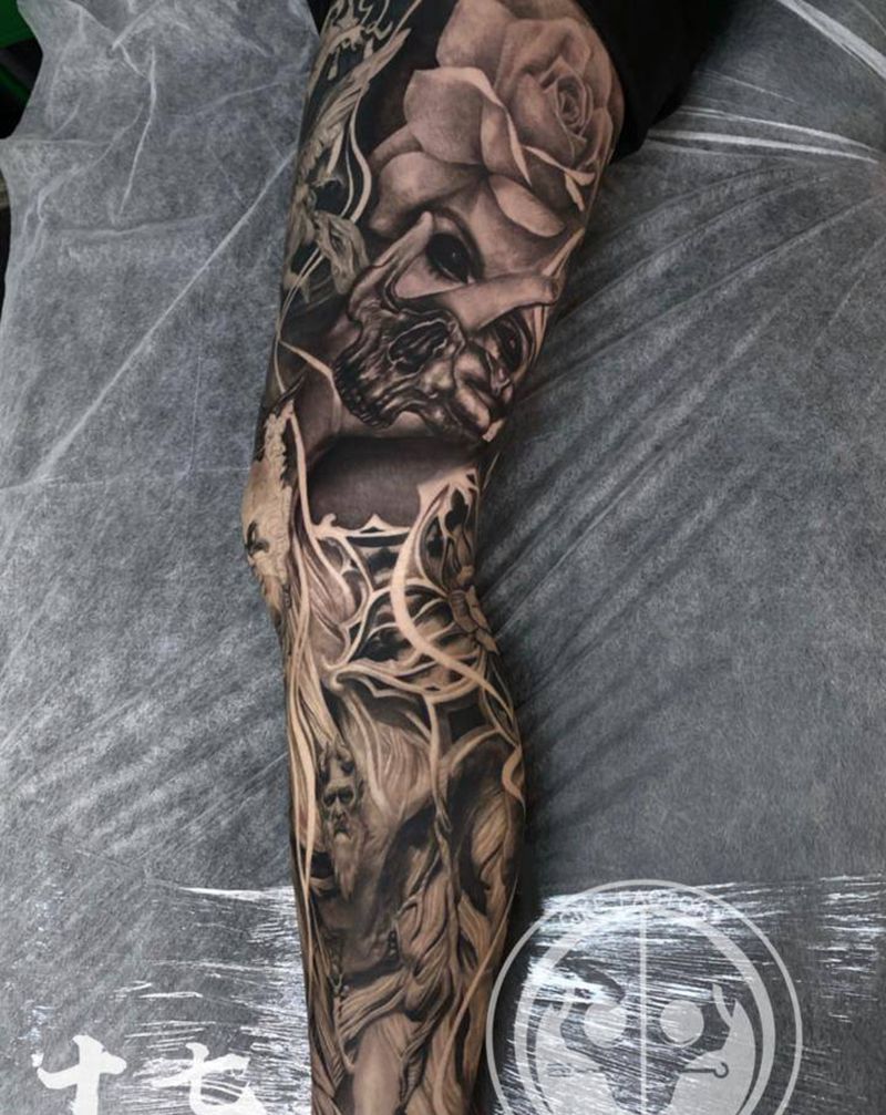 花腿完成纹身图片_腿部欧美写实纹身图案