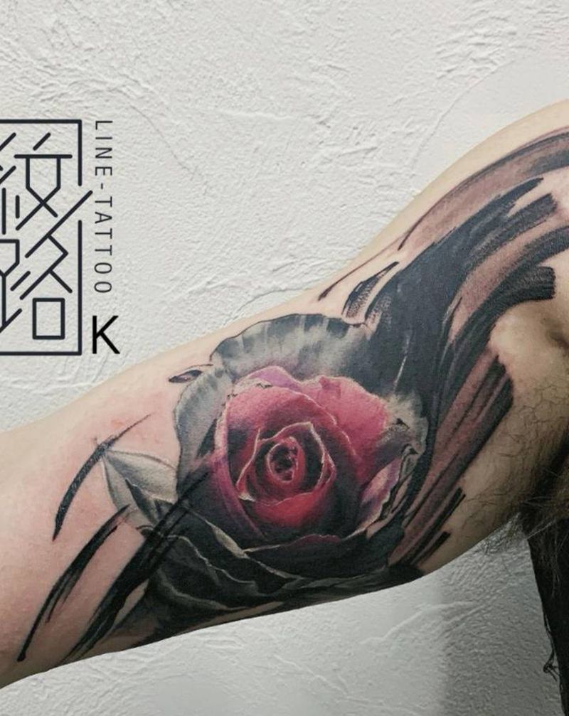 玫瑰纹身图片_手臂欧美写实水墨玫瑰水墨暗黑彩色纹身图案