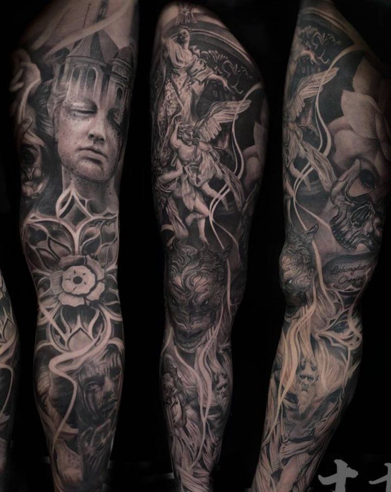 花腿纹身图片_腿部欧美写实纹身图案