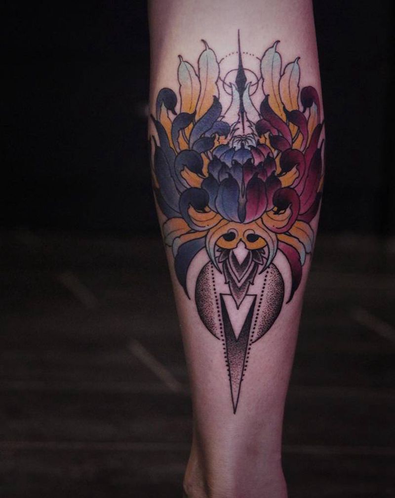 菊花设计纹身图片_腿部New School纹身图案