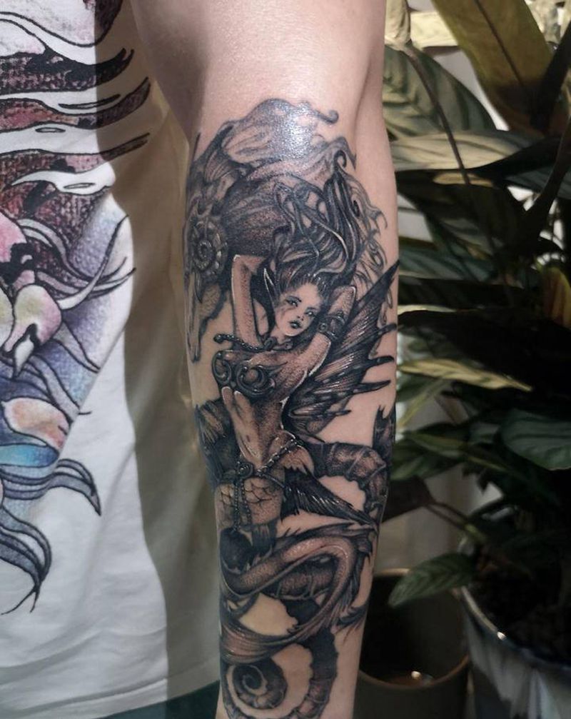 线稿的深入-美人鱼纹身图片_手臂鱼纹身图案