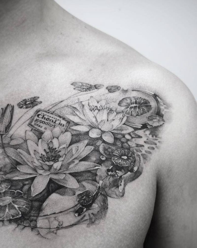 幸运物合集纹身图片_胸部欧美写实莲花月亮水纹身图案