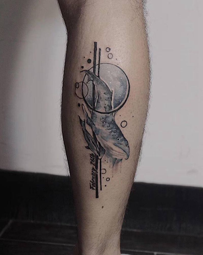 双鱼座纹身图片_腿部水彩纹身图案