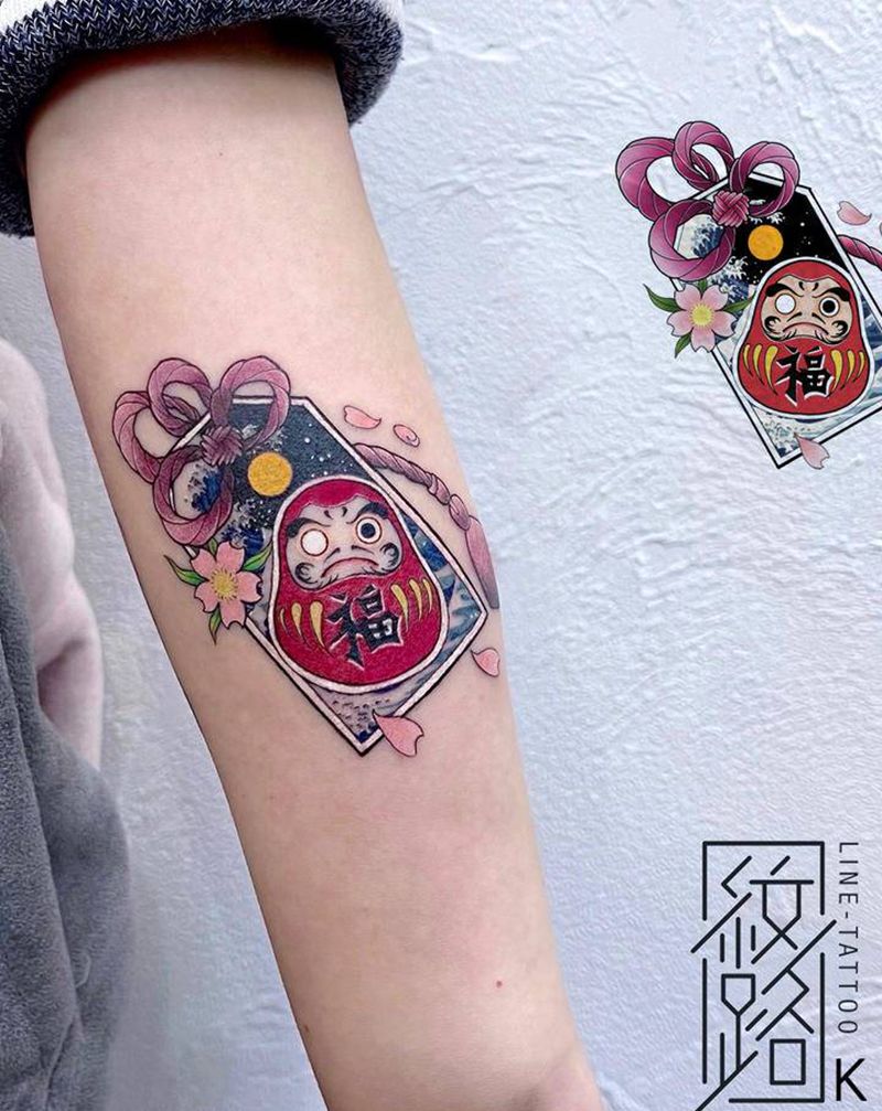 御守纹身图片_手臂御守达摩浮世绘纹身图案