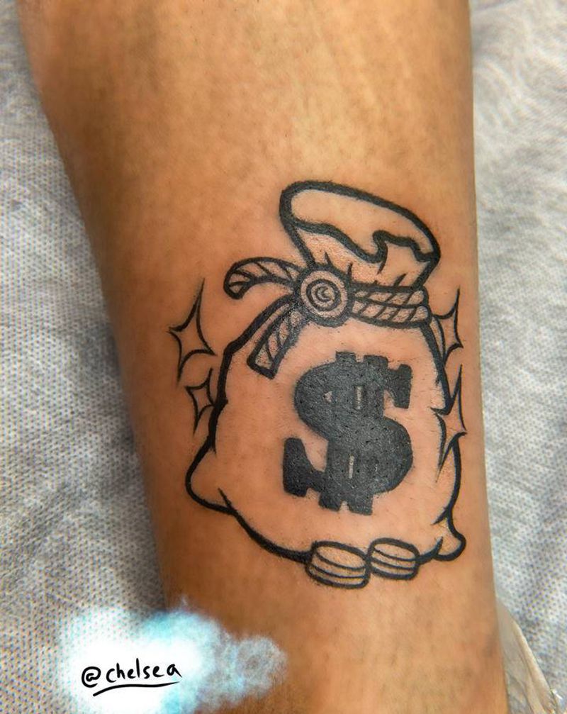 钱袋纹身图片_腿部Old School新传统纹身图案