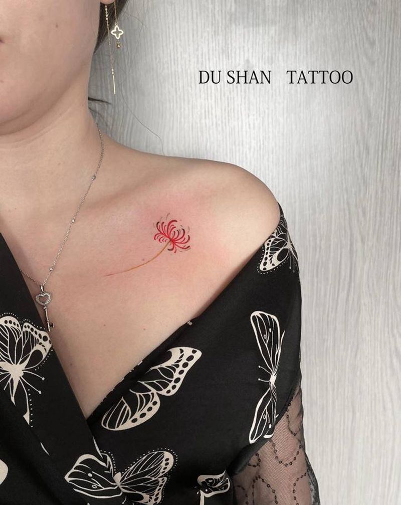 彼岸花纹身图片_肩部颈部水彩纹身图案