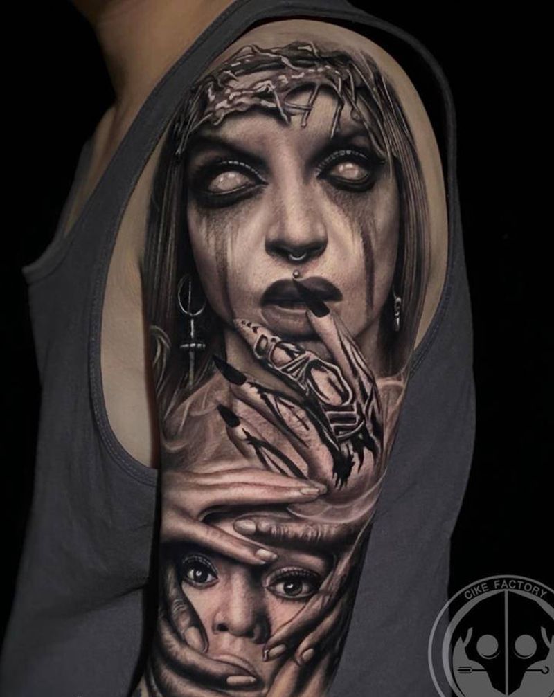 暗黑女人纹身图片_手部手臂欧美写实纹身图案