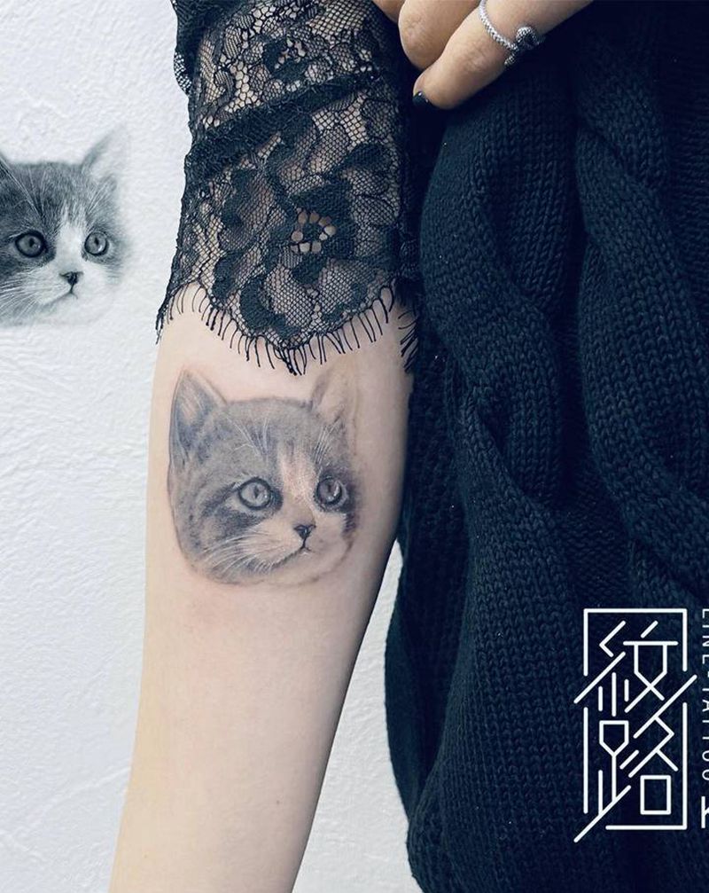 猫咪纹身图片_手臂欧美写实纹身图案
