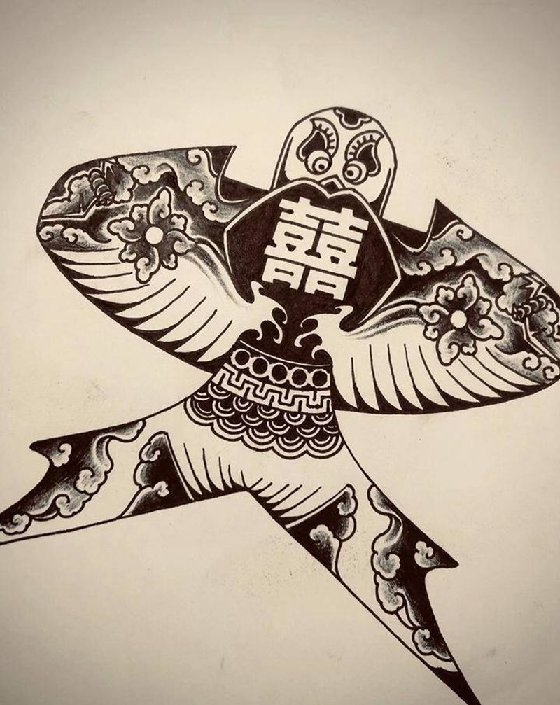 中式风筝难道不好吗？纹身图片_脚部腿部New School风筝纹身图案