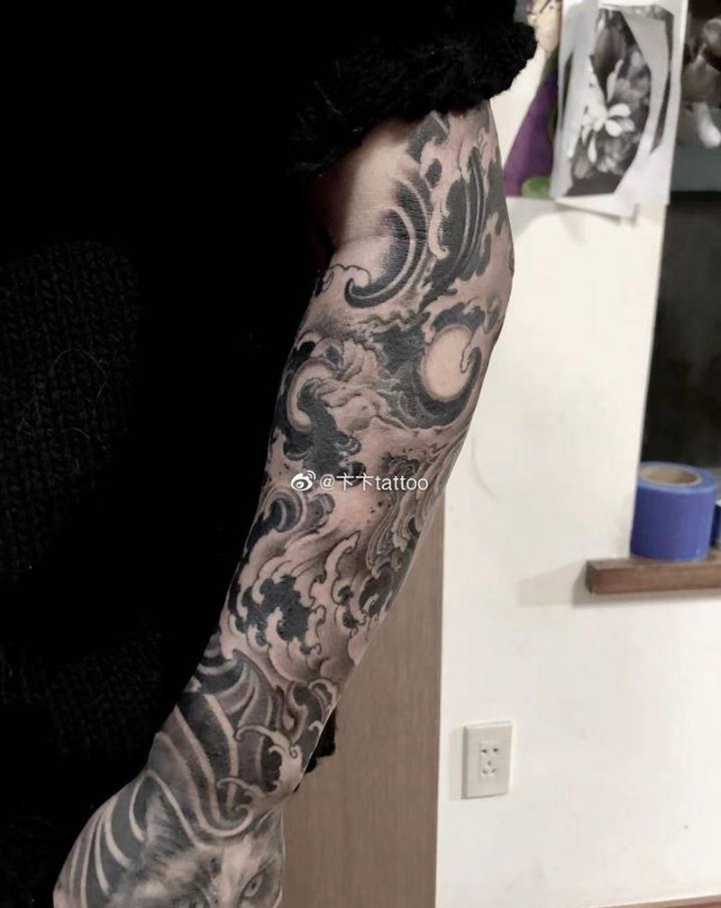 骷髅海浪包小臂纹身图片_手部手臂新传统海浪骷髅纹身图案