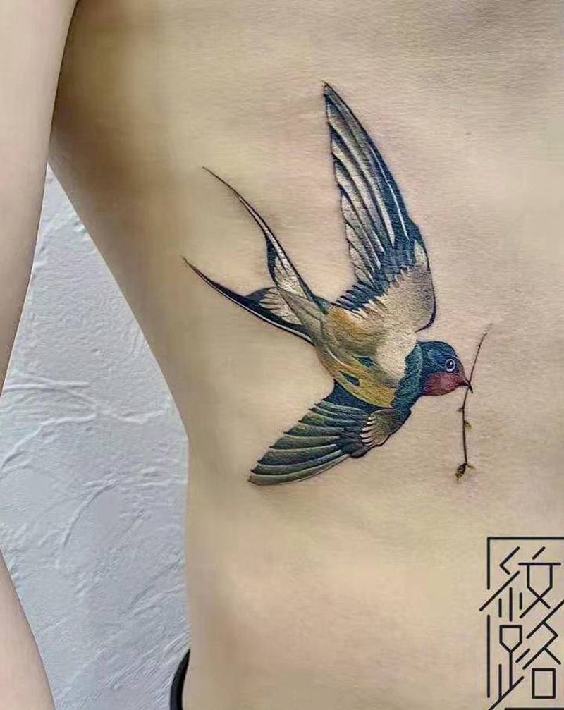 春燕纹身图片_腰部New School燕子纹身图案
