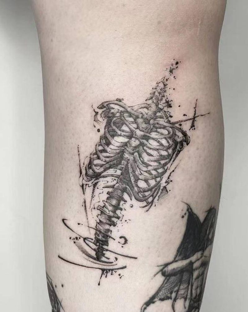 骨架纹身纹身图片_腿部点刺纹身图案