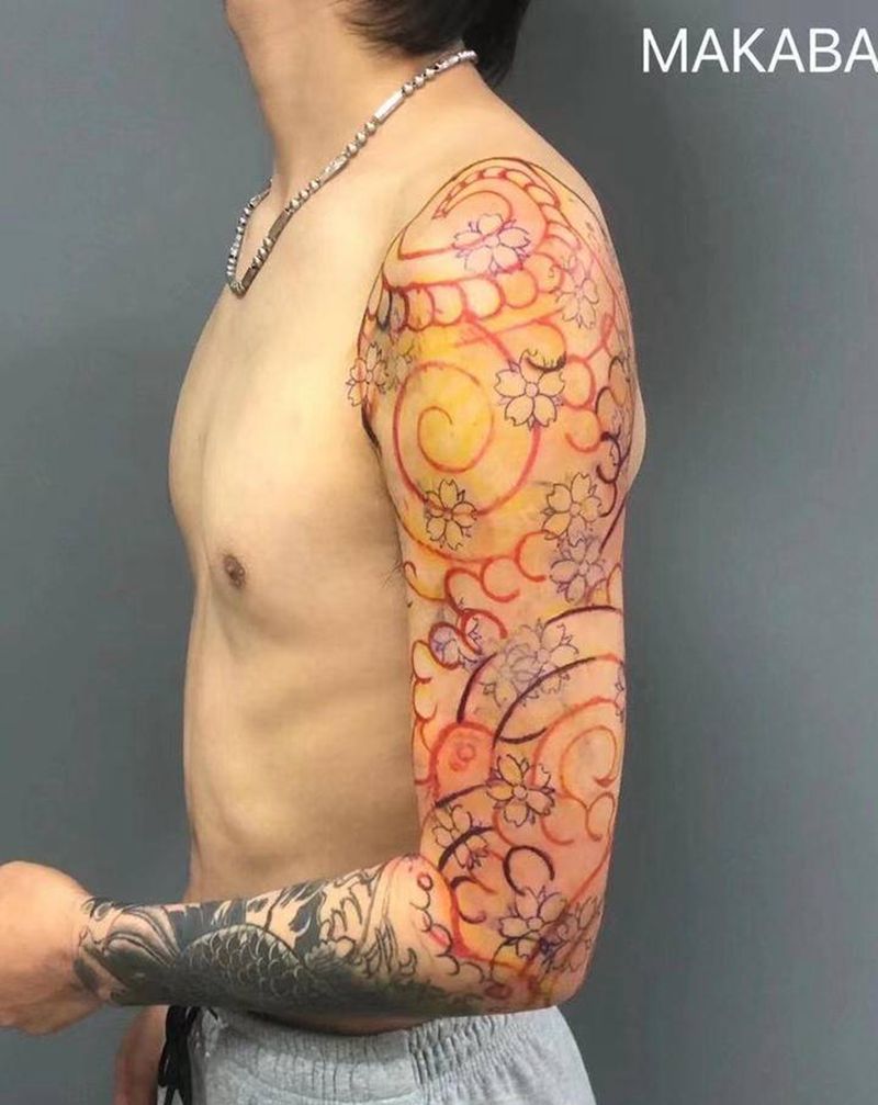 樱花臂（添加修改）纹身图片_老传统纹身图案