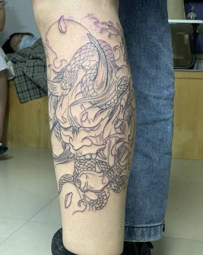 般若线条纹身图片_腿部新传统般若纹身图案