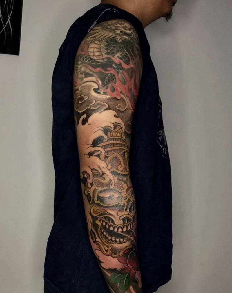 花臂衔接纹身图片_手臂新传统纹身图案